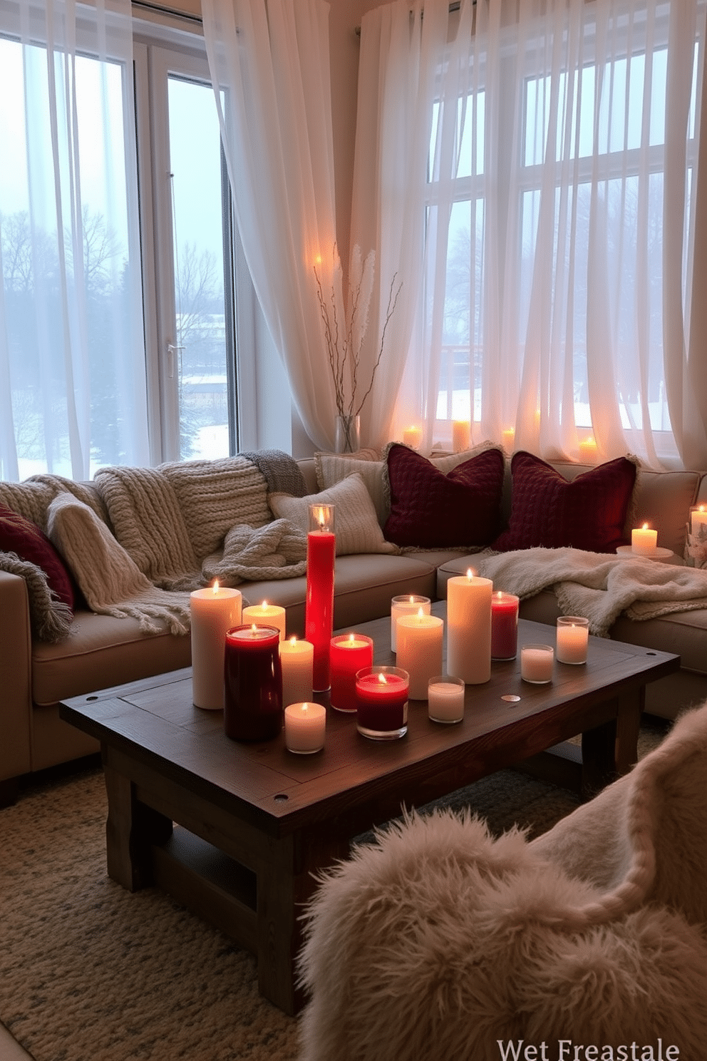 A cozy winter apartment setting filled with seasonal candles that emit a soft warm glow. The room features a plush sofa adorned with knitted throw blankets and decorative pillows in rich jewel tones. On a rustic wooden coffee table, an assortment of candles in varying heights creates an inviting atmosphere. The windows are draped with sheer white curtains, allowing soft natural light to filter in while showcasing a snowy landscape outside.