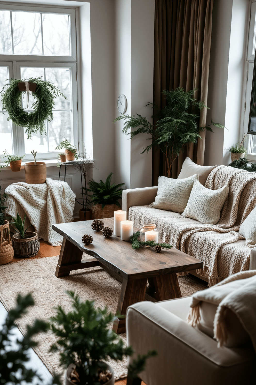 A cozy winter apartment adorned with natural greenery such as pine and eucalyptus. The living room features a plush sofa draped with a soft knit blanket, surrounded by potted plants that add a touch of freshness to the space. A rustic wooden coffee table sits at the center, decorated with pinecones and candles for a warm ambiance. The walls are painted in a soft neutral tone, and a large window allows natural light to flood the room, enhancing the inviting atmosphere.