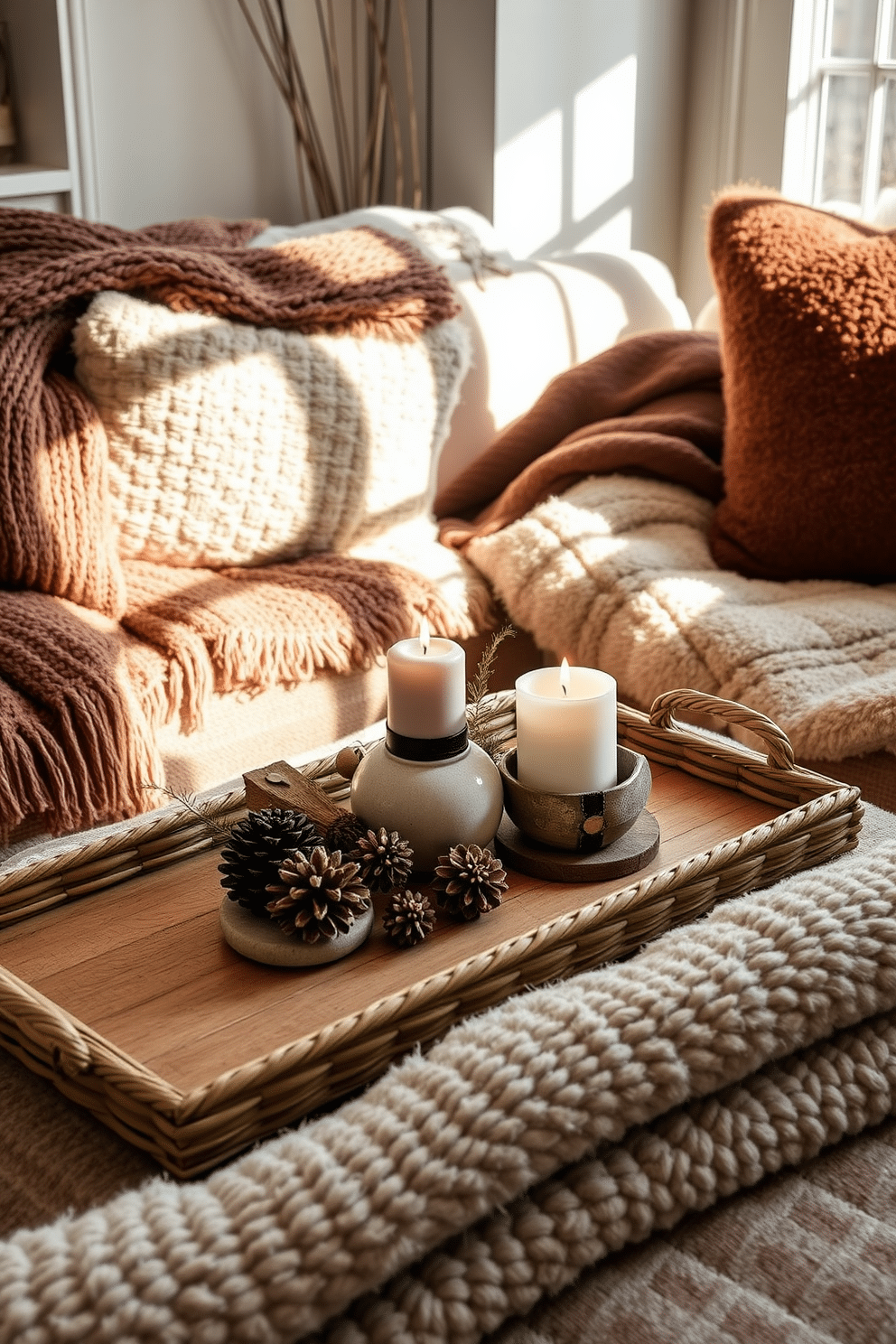 A cozy winter apartment setting featuring decorative trays with textured elements. The trays are made of natural materials like woven rattan and ceramic, adorned with seasonal decorations such as pinecones and candles. Soft, warm lighting enhances the inviting atmosphere, casting gentle shadows across the room. Plush throw blankets and pillows in rich, earthy tones complement the decorative trays, creating a harmonious winter retreat.