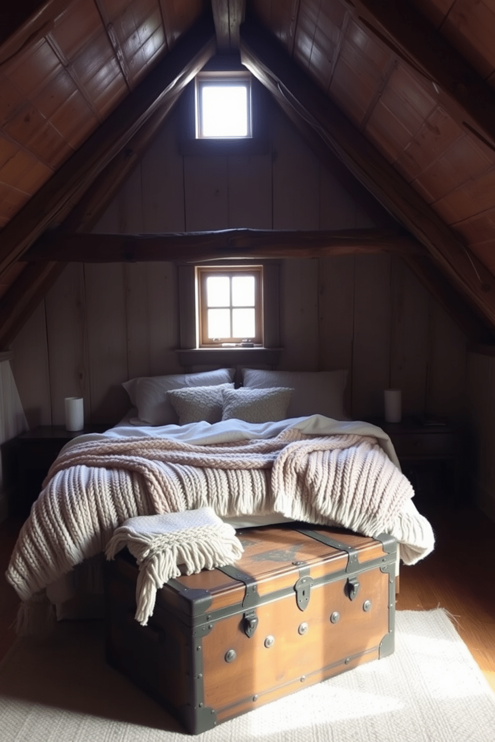 A cozy bedroom setting in a winter attic. The bed is adorned with soft, textured knit blankets in neutral tones, creating a warm and inviting atmosphere. Natural light filters through a small window, illuminating the wooden beams of the ceiling. A vintage trunk sits at the foot of the bed, adding character and storage space.