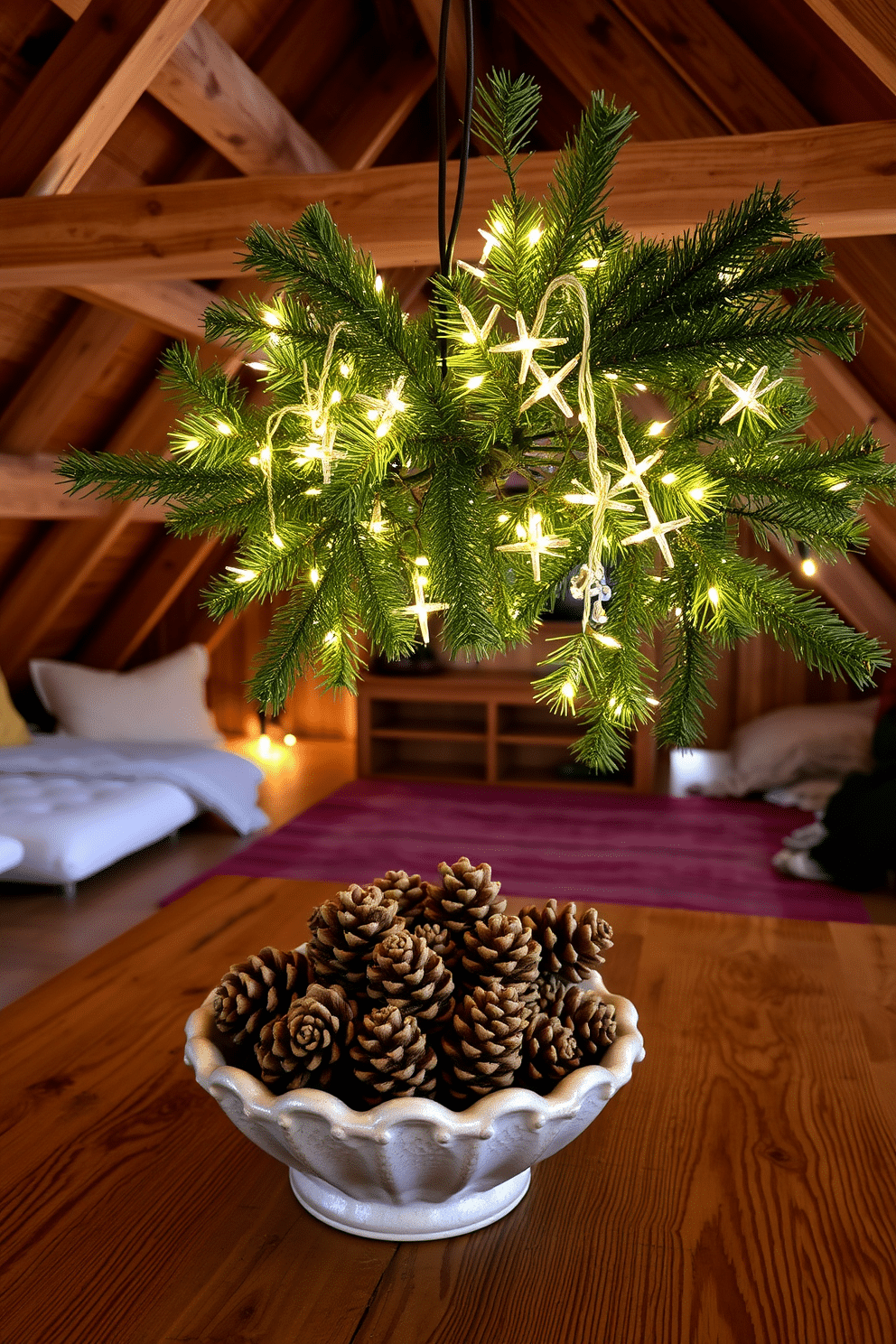 A cozy winter attic decorated with pinecone and evergreen centerpieces. The space features rustic wooden beams and soft lighting that creates a warm atmosphere. Natural pinecones are arranged in a decorative bowl on a wooden table. Fresh evergreen branches are intertwined with twinkling fairy lights for a festive touch.