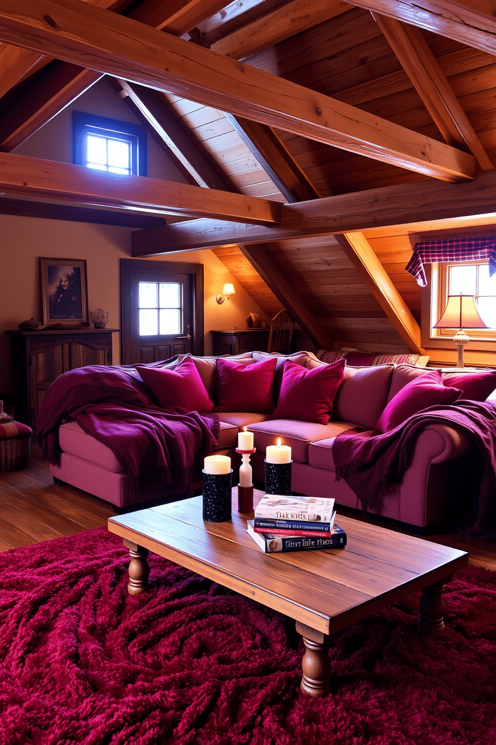 A cozy winter attic filled with warm color tones, featuring deep red accents throughout the space. The walls are adorned with rustic wooden beams, and a plush area rug in rich burgundy covers the wooden floor. A comfortable seating area includes a large sectional sofa draped with soft blankets and deep red throw pillows. A wooden coffee table sits in front, surrounded by candles and a stack of winter-themed books for a welcoming atmosphere.