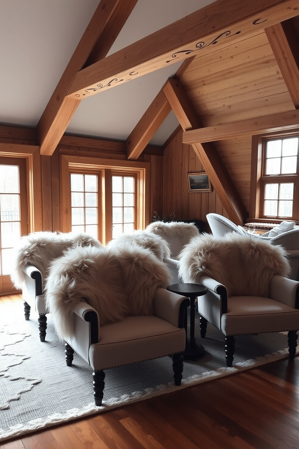 A cozy winter attic setting with chairs adorned with soft faux fur throws. The space features exposed wooden beams and large windows allowing natural light to flood in, creating a warm and inviting atmosphere.