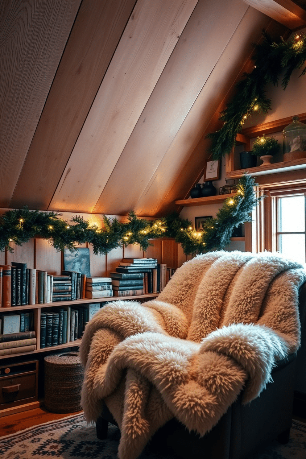 Rustic wooden shelves are arranged against a sloped ceiling, showcasing an array of vintage books and decorative items. Soft, warm lighting from a nearby window highlights the natural grain of the wood and creates a cozy atmosphere. The attic is adorned with winter-themed decor, including evergreen garlands and twinkling fairy lights. A plush, oversized throw blanket is draped over a comfortable chair, inviting relaxation in this serene winter retreat.