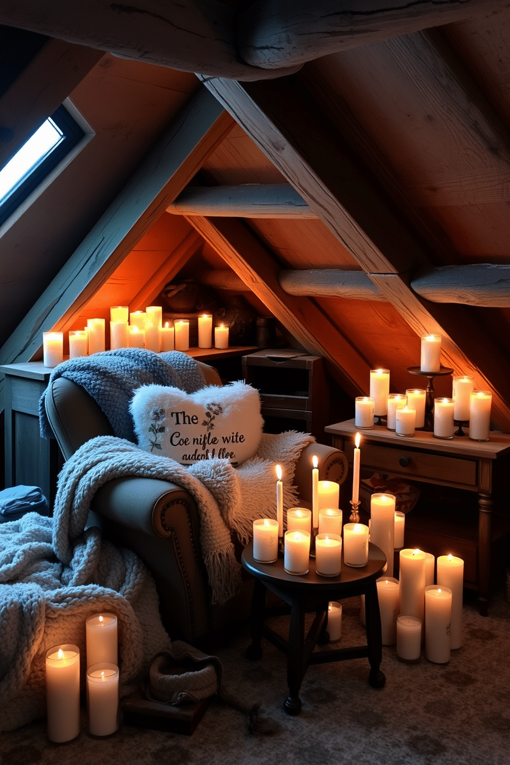 A cozy winter attic setting filled with candles in various heights and sizes. The warm glow of the candles illuminates the rustic wooden beams and adds a touch of charm to the space. Soft blankets and plush pillows are scattered across a vintage armchair, inviting relaxation. A small wooden table holds a collection of candles, creating a serene atmosphere perfect for cold winter evenings.