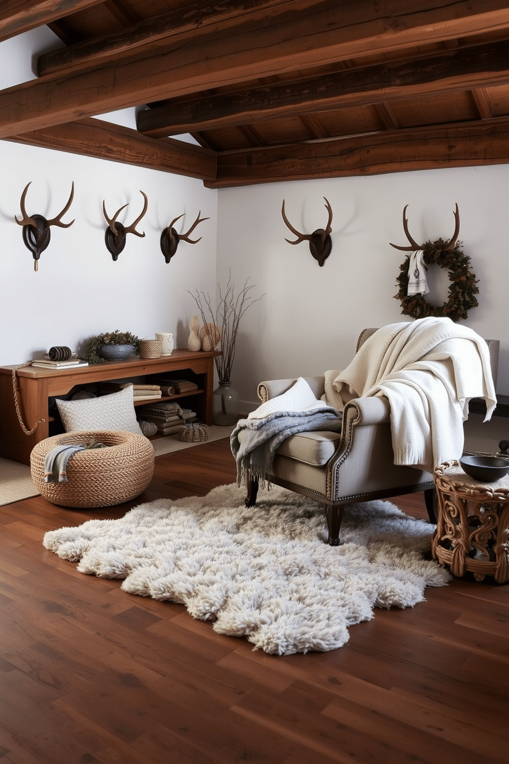 A cozy winter attic setting that exudes rustic charm. The walls are adorned with wall-mounted antlers, complementing the wooden beams and warm, neutral tones throughout the space. A plush area rug lies on the wooden floor, adding warmth and comfort. Soft, layered textiles in shades of cream and gray are draped over a vintage armchair, inviting relaxation.