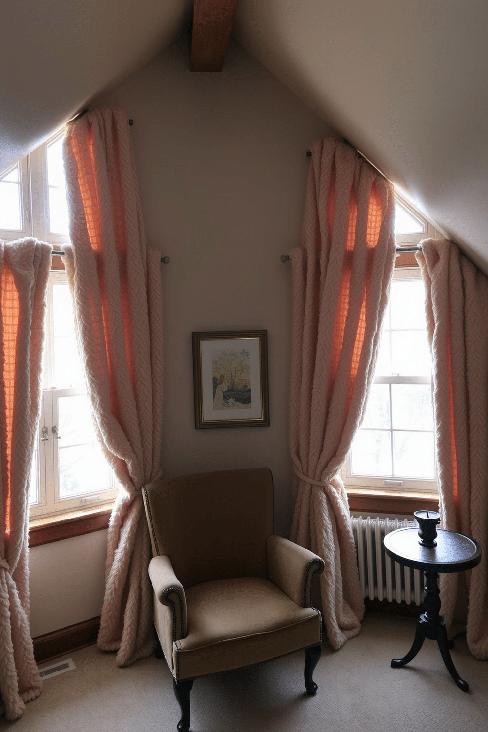 A cozy attic space designed for winter comfort. Thick, plush curtains frame the windows, providing insulation and a sense of warmth while adding a touch of elegance to the room. The walls are adorned with soft, neutral tones that enhance the inviting atmosphere. A comfortable seating area with a vintage armchair and a small side table creates a perfect nook for reading or enjoying a hot drink.