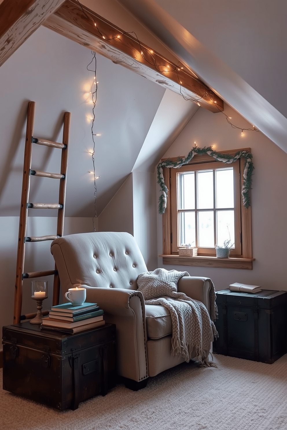 A cozy reading nook features a plush armchair upholstered in soft fabric, positioned next to a large window that lets in natural light. A small side table holds a stack of books and a steaming cup of tea, creating an inviting atmosphere for relaxation. The winter attic is adorned with rustic decorations, including a wooden ladder and twinkling fairy lights strung across the beams. A warm throw blanket drapes over the chair, and a vintage trunk serves as a charming storage solution for blankets and seasonal items.