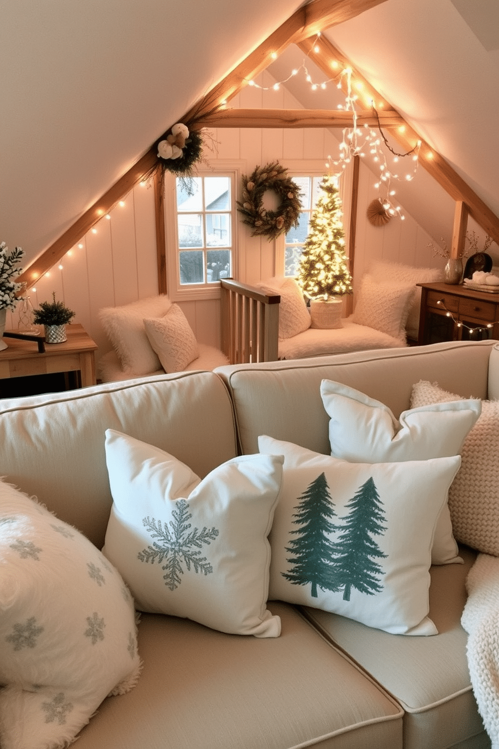 A cozy living room adorned with winter-themed throw pillows on a plush sofa. The pillows feature various designs, including snowflakes, evergreen trees, and subtle metallic accents, creating a warm and inviting atmosphere. An enchanting attic space transformed into a winter retreat. Soft, neutral colors dominate the decor, complemented by twinkling fairy lights and rustic wooden accents, evoking a sense of comfort and nostalgia during the colder months.