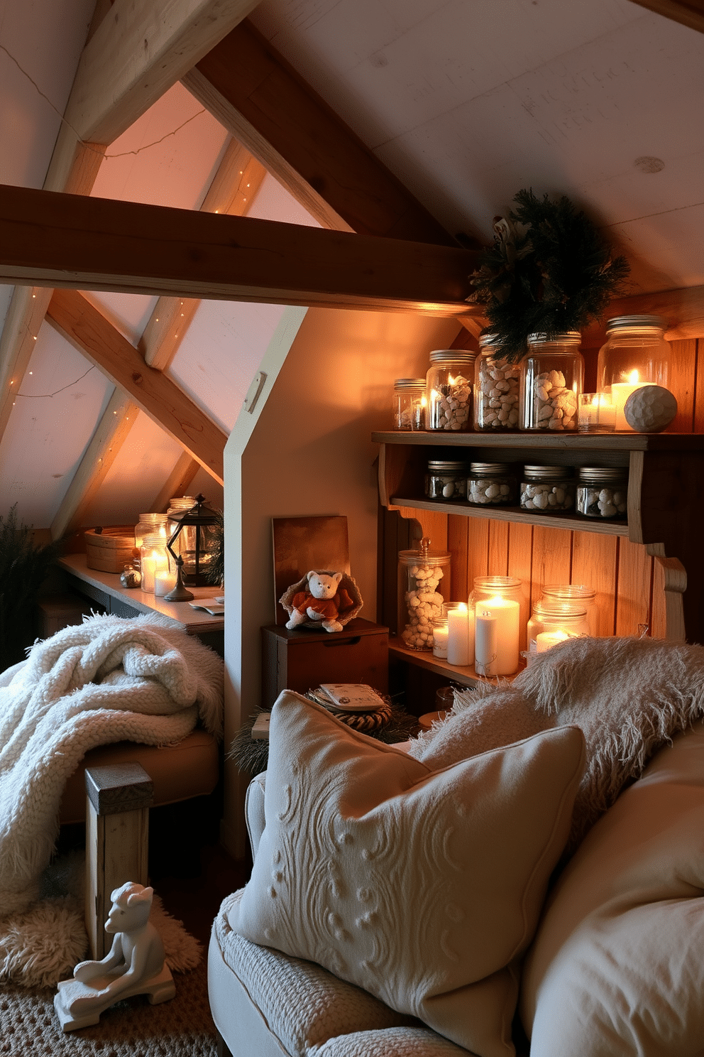 A cozy winter attic decorated with rustic charm. Glass jars filled with an assortment of winter treats are displayed on a wooden shelf, adding a festive touch to the space. Soft, warm lighting illuminates the room, highlighting the wooden beams and vintage furniture. Plush blankets and cushions in neutral tones invite you to relax and enjoy the seasonal ambiance.