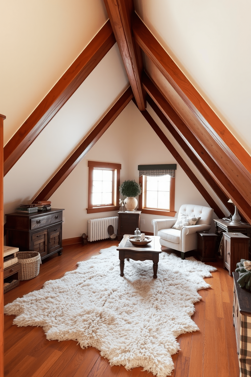 A cozy winter attic decorated with warm wood accents that create a welcoming atmosphere. The sloped ceiling is lined with rich wooden beams, and the walls are painted in a soft cream color, enhancing the natural light that filters in through the small windows. A plush area rug lies on the wooden floor, adding warmth and comfort to the space. Vintage furniture pieces, including a rustic coffee table and a comfortable armchair, are arranged to create an inviting reading nook by the window.