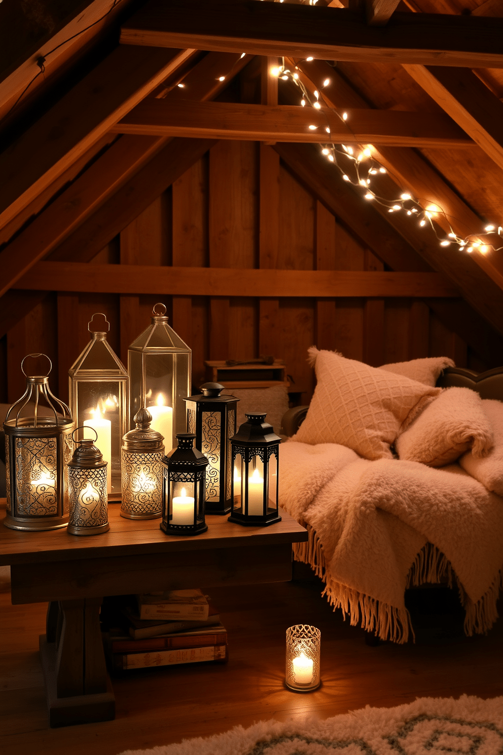 A collection of decorative lanterns is arranged on a rustic wooden table, casting a warm glow throughout the space. The lanterns vary in size and design, featuring intricate metalwork and soft, flickering candles inside. The winter attic is transformed into a cozy retreat with soft blankets and plush pillows scattered on a vintage chaise lounge. Twinkling fairy lights are draped along the exposed beams, creating a magical atmosphere perfect for relaxation.