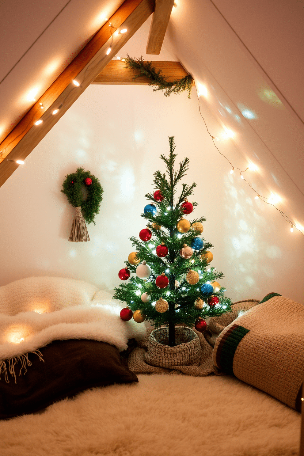 A cozy winter attic space adorned with a small indoor tree decorated with colorful ornaments. The tree sits in a corner surrounded by soft blankets and warm fairy lights, creating a festive atmosphere.