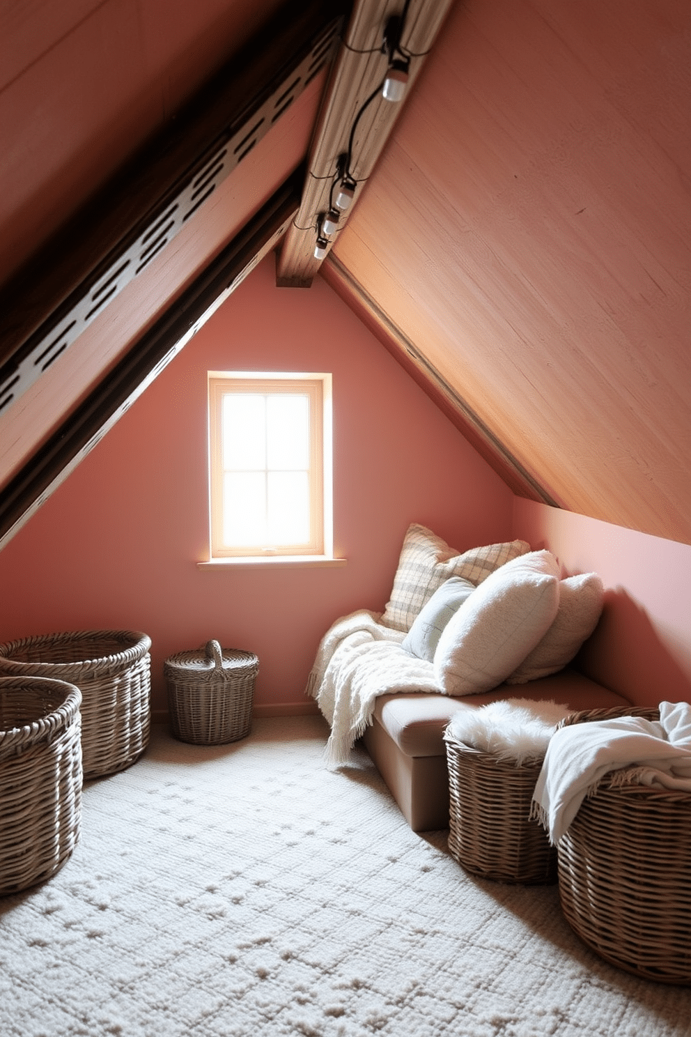 A cozy winter attic space featuring woven baskets for extra storage. The floor is covered with a soft, textured rug, and the walls are painted in a warm, inviting hue. Natural light filters through a small window, illuminating the rustic wooden beams overhead. Plush cushions and a warm throw are arranged on a comfortable seating area, creating a perfect nook for relaxation.