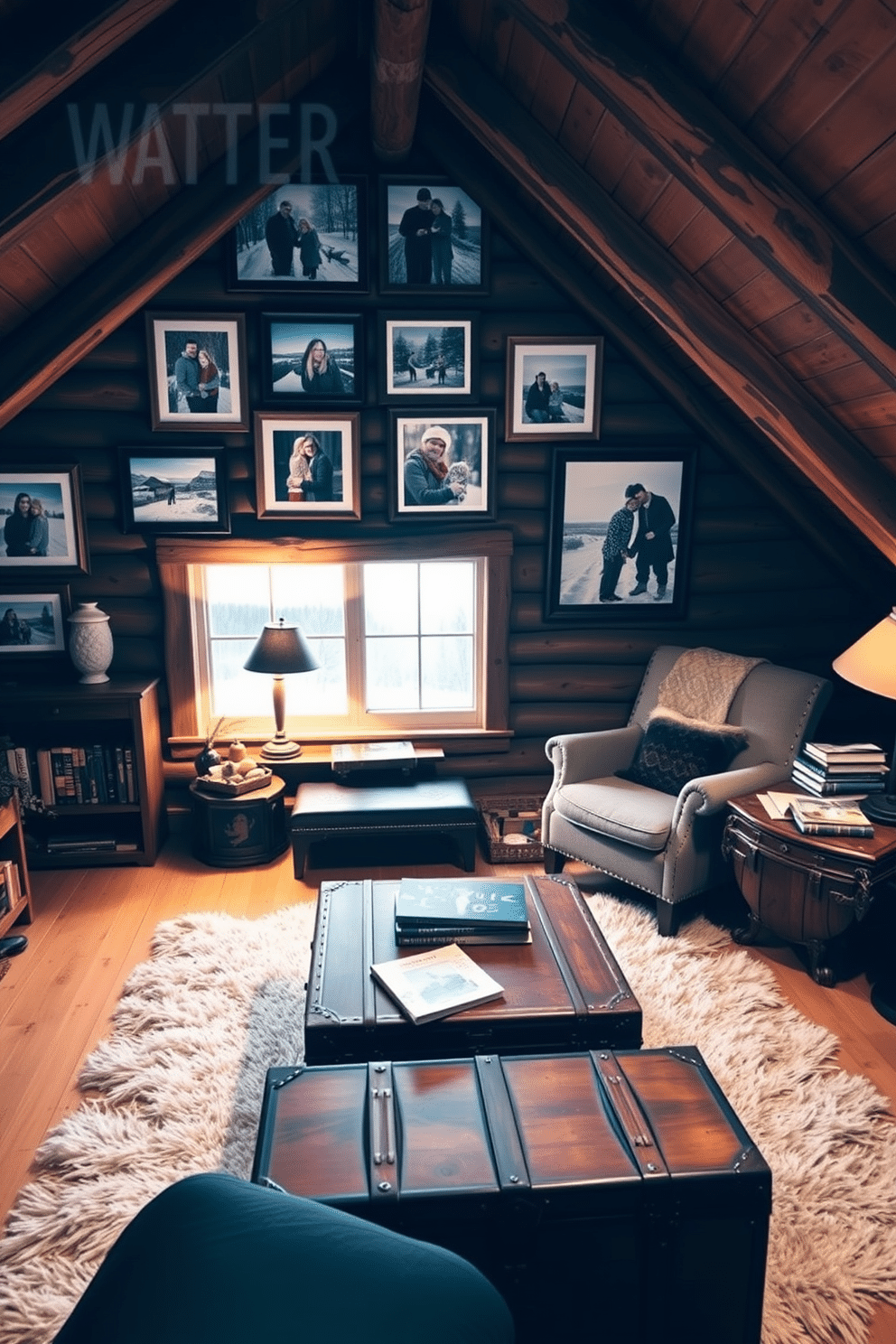 A cozy winter attic adorned with framed family photos capturing cherished moments in snowy landscapes. The walls are lined with rustic wooden beams, and soft, warm lighting creates an inviting atmosphere. Decorative elements include a plush area rug and a vintage trunk serving as a coffee table. A small reading nook with a comfortable chair and a stack of books adds to the charm of the space.