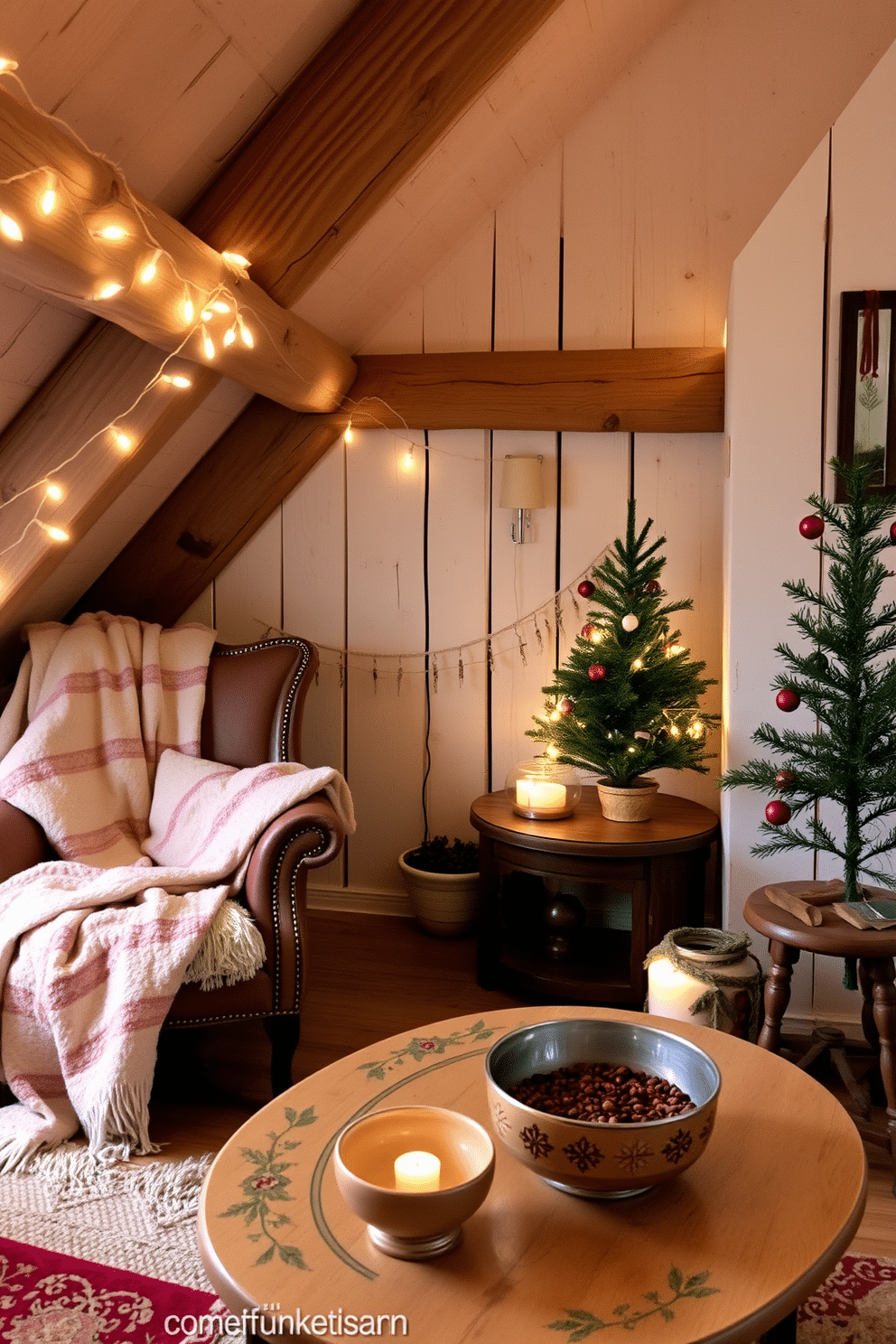 A cozy winter attic decorated for the season. Soft blankets are draped over a vintage armchair, and potpourri bowls filled with seasonal scents are placed on a wooden side table. The walls are adorned with rustic wooden beams, and fairy lights twinkle softly overhead. A small, decorated pine tree stands in the corner, adding a festive touch to the space.