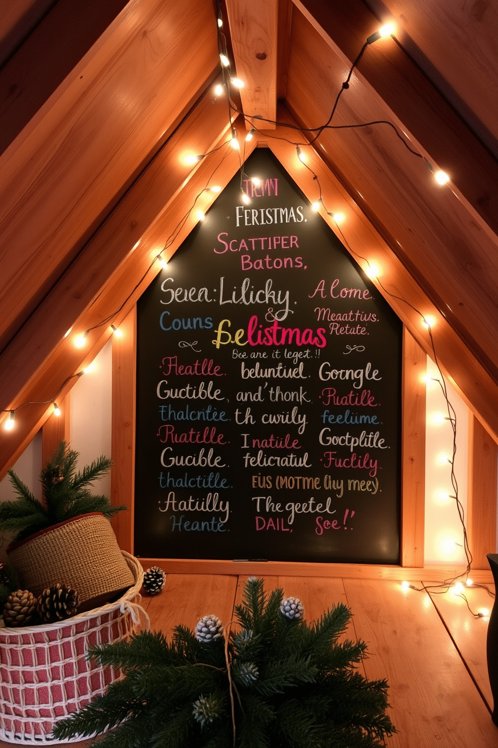 A cozy winter attic space featuring a chalkboard wall adorned with festive messages in colorful chalk. Soft string lights hang from the rafters, illuminating the room filled with rustic decorations like pinecones and evergreen branches.