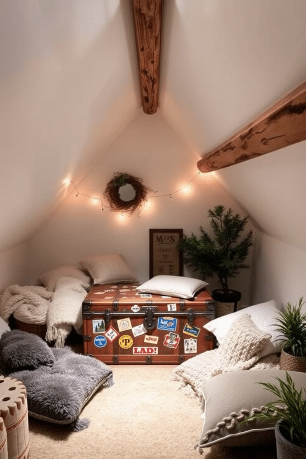 A cozy winter attic decorated with a vintage trunk positioned at the foot of a sloped ceiling. The trunk, adorned with travel stickers, serves as both storage and a charming decor piece, surrounded by soft, warm lighting and rustic wooden beams. Plush blankets and pillows are scattered around, inviting relaxation in this serene retreat. The walls are painted in a soft white, complemented by wooden accents and a touch of greenery from potted plants placed nearby.