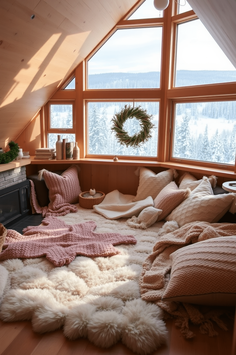 A cozy winter attic space filled with hygge-inspired design elements. Soft textures abound with a plush area rug, oversized knit throws, and a selection of fluffy cushions adorning a comfortable reading nook. The walls are adorned with warm wood paneling, creating an inviting atmosphere. Large windows allow natural light to flood the space, showcasing a stunning view of the snowy landscape outside.