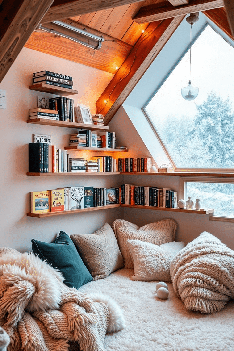 A cozy winter attic space featuring wall-mounted bookshelves filled with an array of winter-themed reads. Soft, warm lighting illuminates the shelves, creating an inviting atmosphere perfect for curling up with a book. The attic is adorned with plush throws and cushions scattered across a comfortable reading nook. Rustic wooden beams and a frosted window view enhance the seasonal charm of the space.