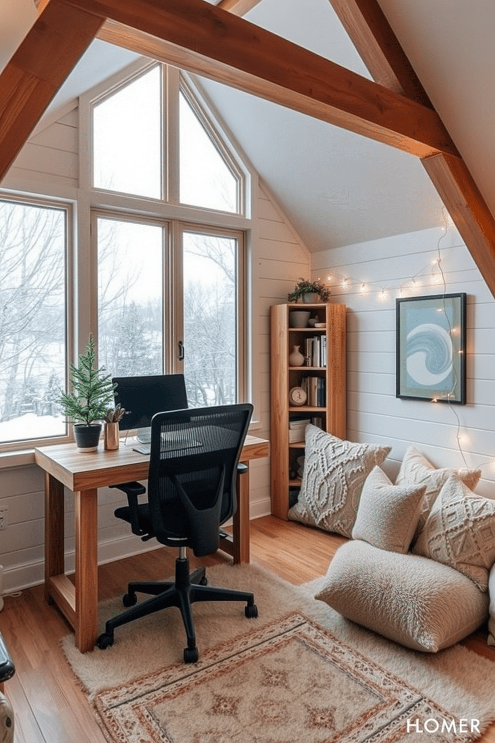 A cozy small workspace with large windows showcasing beautiful winter views. The desk is made of reclaimed wood and paired with a comfortable ergonomic chair, while a soft area rug adds warmth to the floor. The walls are adorned with light-colored shiplap, creating a rustic yet modern feel. A small bookshelf filled with books and decorative items sits in the corner, and a potted evergreen adds a touch of nature to the space. For winter attic decorating ideas, the space features exposed wooden beams and a cozy reading nook with plush cushions. Soft, layered textiles in neutral tones create a warm atmosphere, while twinkling fairy lights add a festive touch.