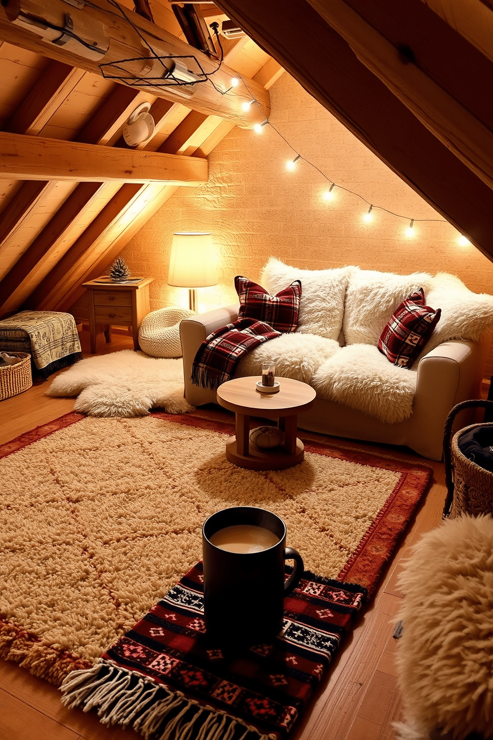 A cozy winter attic setting featuring layered rugs to add warmth and texture. The floor is covered with a large, plush area rug in a neutral tone, topped with a smaller, colorful patterned rug to create visual interest. The walls are adorned with rustic wooden beams, and soft lighting creates a warm ambiance. A comfortable seating area with oversized cushions invites relaxation, while a small wooden table holds a steaming mug of cocoa.