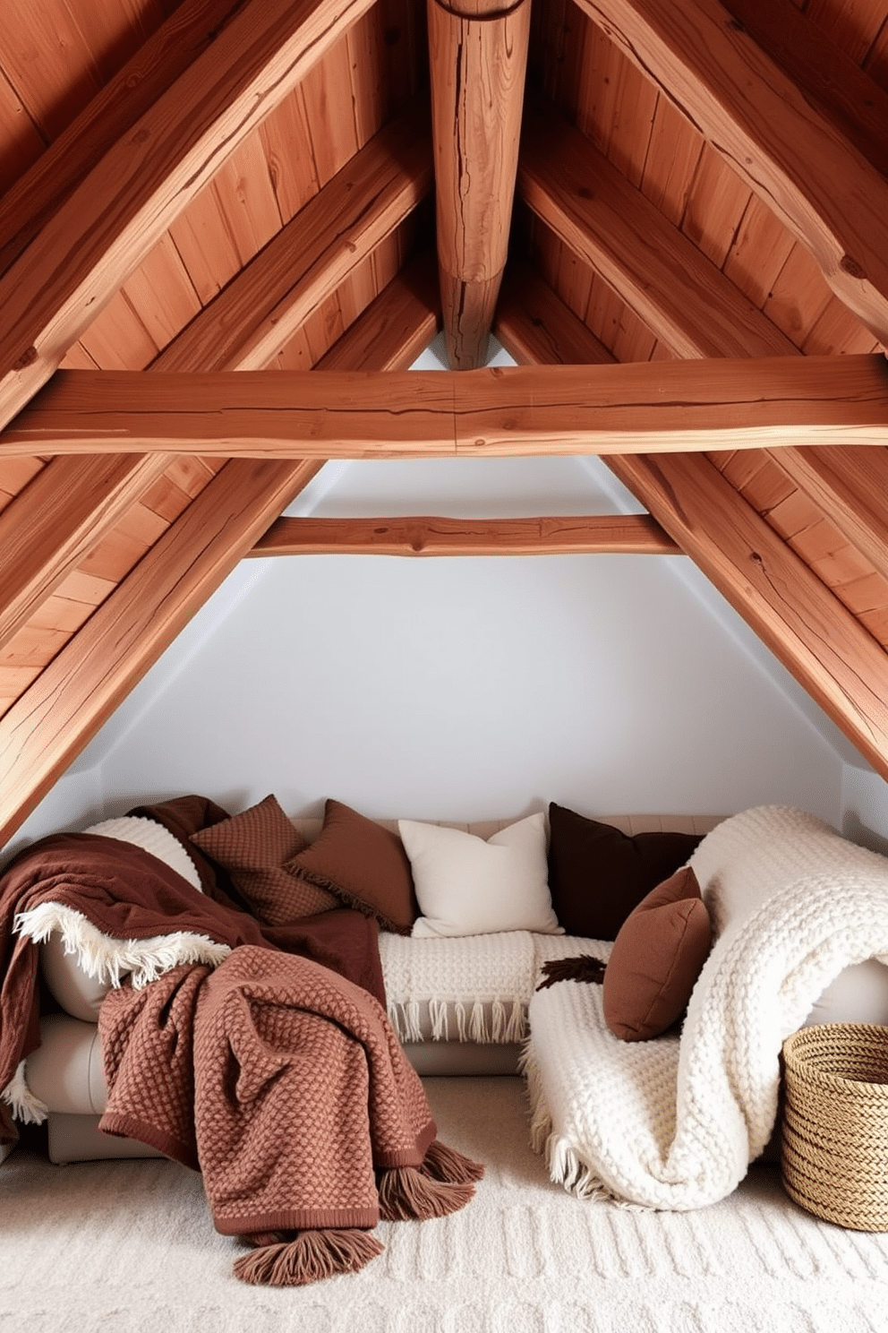 A cozy winter attic space featuring natural wood beams exposed to enhance the rustic charm. Soft white walls create a warm backdrop for a plush seating area adorned with oversized blankets and cushions.