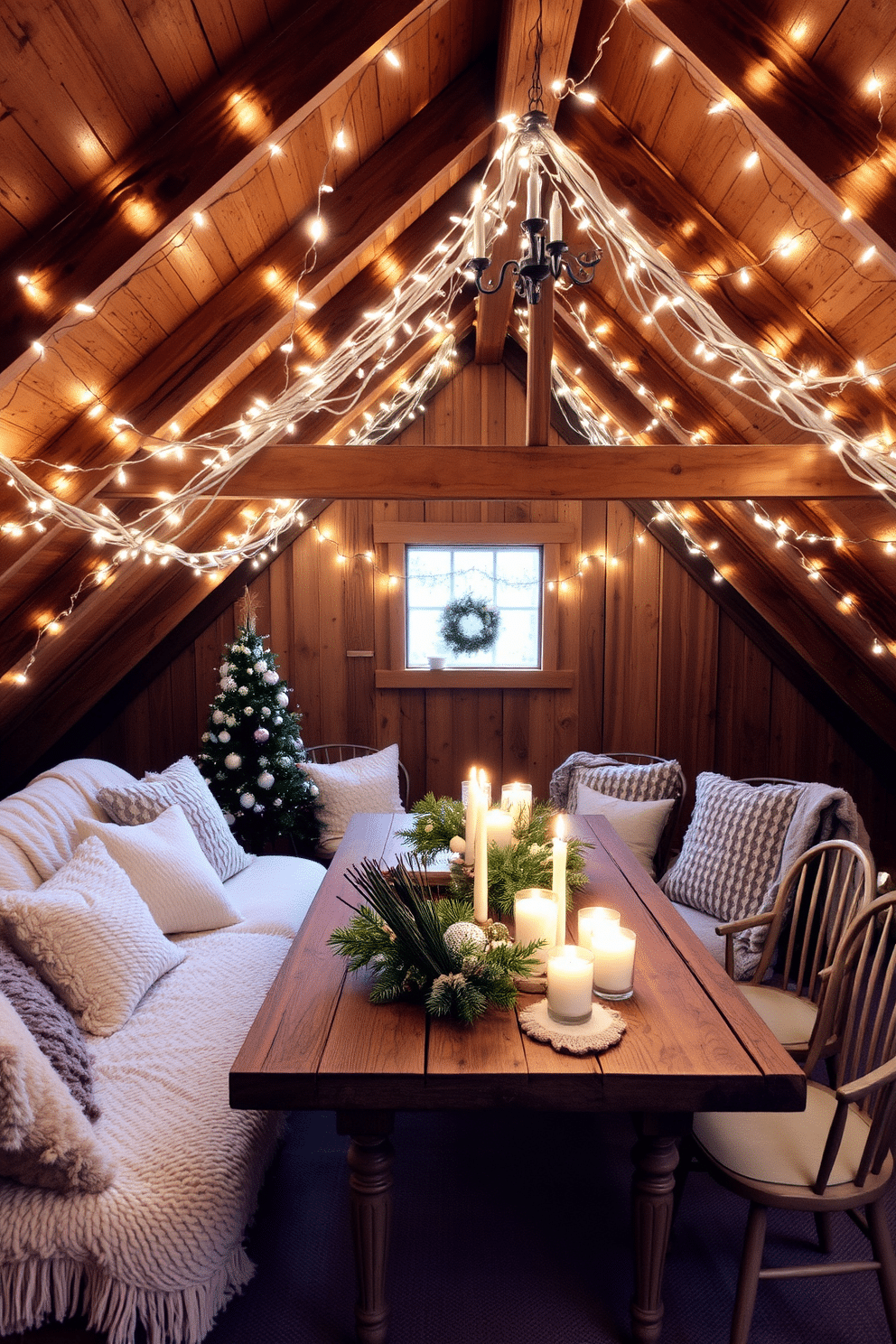 Soft fairy lights create a warm and inviting atmosphere in the winter attic. Draped along the beams, they illuminate cozy seating areas with plush blankets and cushions. Incorporate a rustic wooden table adorned with seasonal decorations and candles. Surround it with vintage chairs to enhance the charm of the attic space.