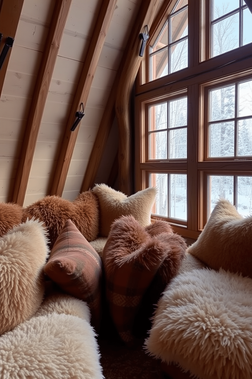 A cozy winter attic retreat featuring plush seating adorned with oversized cushions in soft, warm fabrics. The walls are lined with rustic wooden beams, and a large window offers a view of snow-covered trees outside.