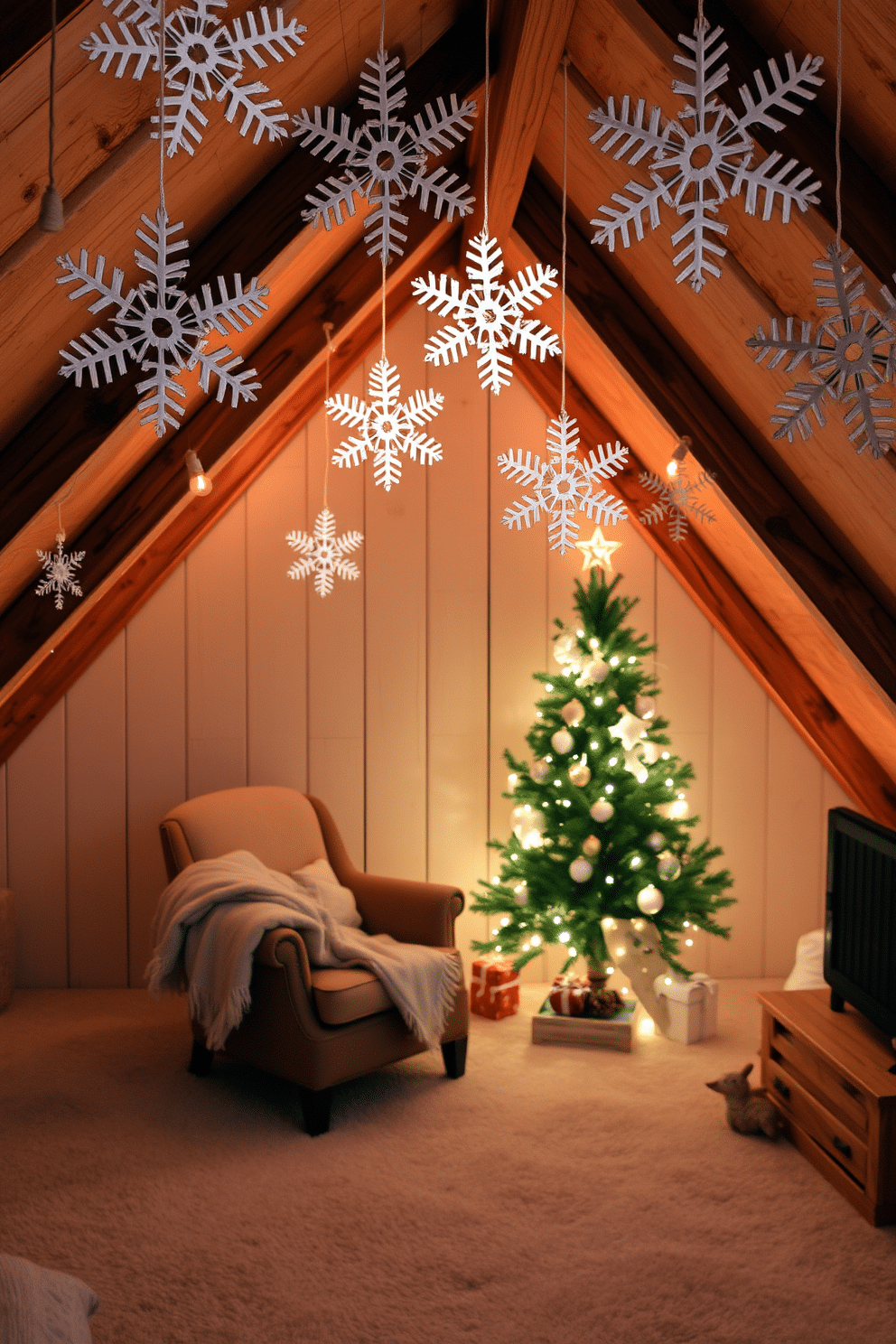 A cozy winter attic setting adorned with decorative snowflakes hanging gracefully from the ceiling. Soft, warm lighting illuminates the space, creating a serene atmosphere filled with holiday cheer. The walls are lined with rustic wooden beams, and plush blankets are draped over a vintage armchair. A small, elegantly decorated Christmas tree stands in the corner, surrounded by twinkling fairy lights.