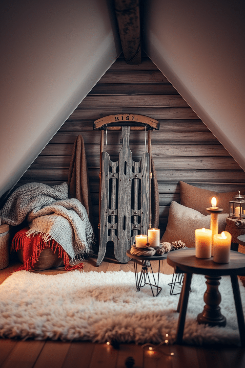 A charming winter attic space featuring a vintage sled as a decorative piece. The sled is positioned against a rustic wooden wall, surrounded by cozy blankets and pillows in warm tones. Soft, ambient lighting illuminates the room, creating a welcoming atmosphere. The floor is adorned with a plush area rug, and a small wooden table holds seasonal decorations like pinecones and candles.