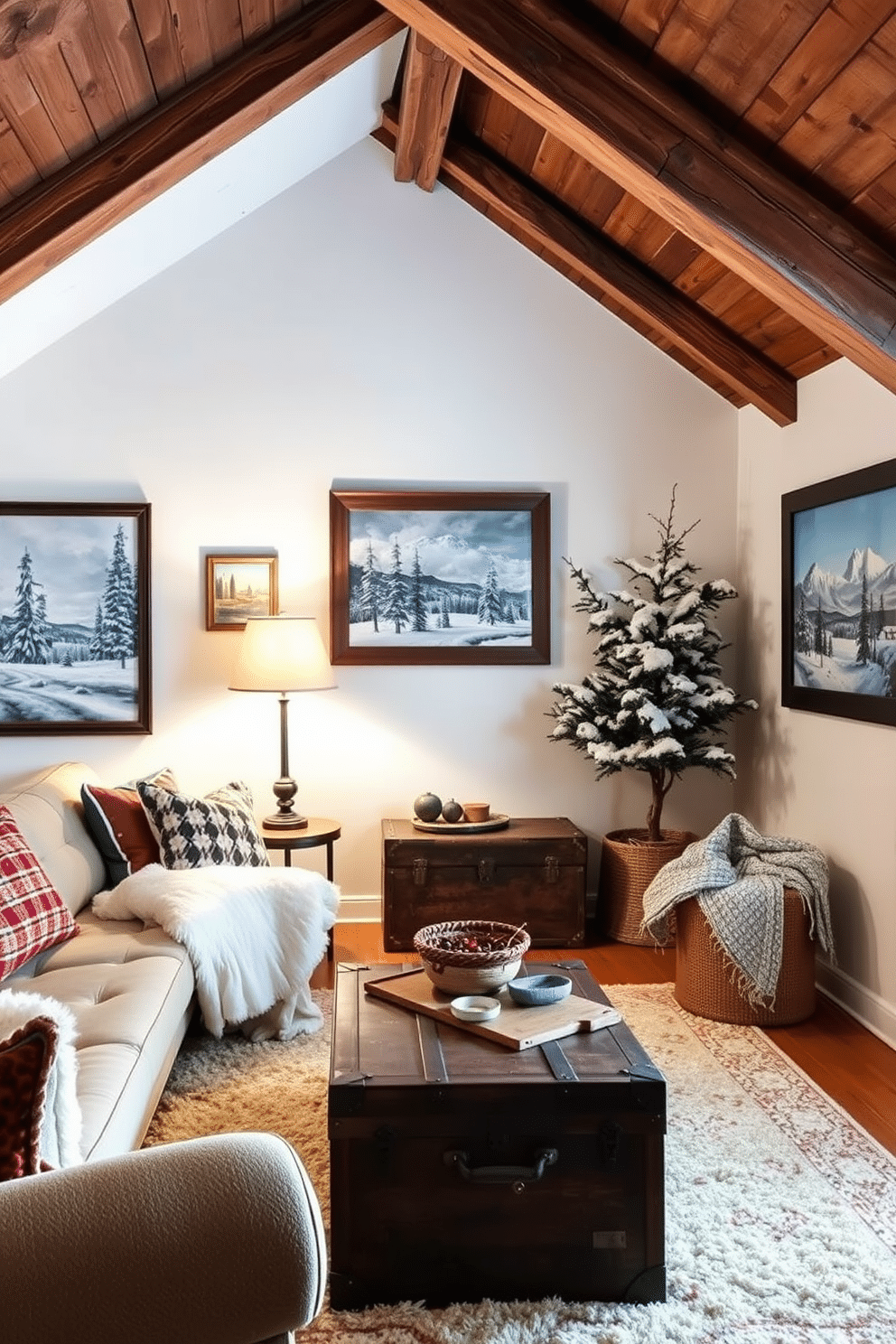 A cozy winter attic filled with seasonal artwork depicting serene winter landscapes. Soft white walls contrast with rustic wooden beams, and a plush area rug adds warmth to the space. Framed paintings of snow-covered trees and tranquil mountain scenes adorn the walls. A vintage trunk serves as a coffee table, surrounded by comfortable seating that invites relaxation.