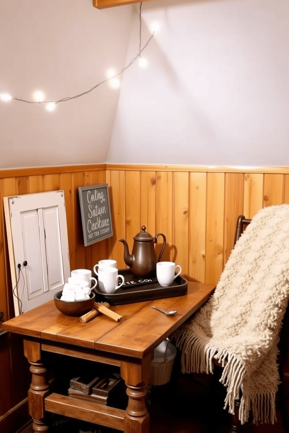 A cozy hot cocoa station is set up in the corner of a winter attic. It features a rustic wooden table adorned with a vintage teapot, mugs, and an assortment of toppings like marshmallows and cinnamon sticks. The walls are lined with warm wood paneling, creating an inviting atmosphere. Soft fairy lights twinkle overhead, and a plush throw blanket drapes over a nearby chair, enhancing the snug winter vibe.