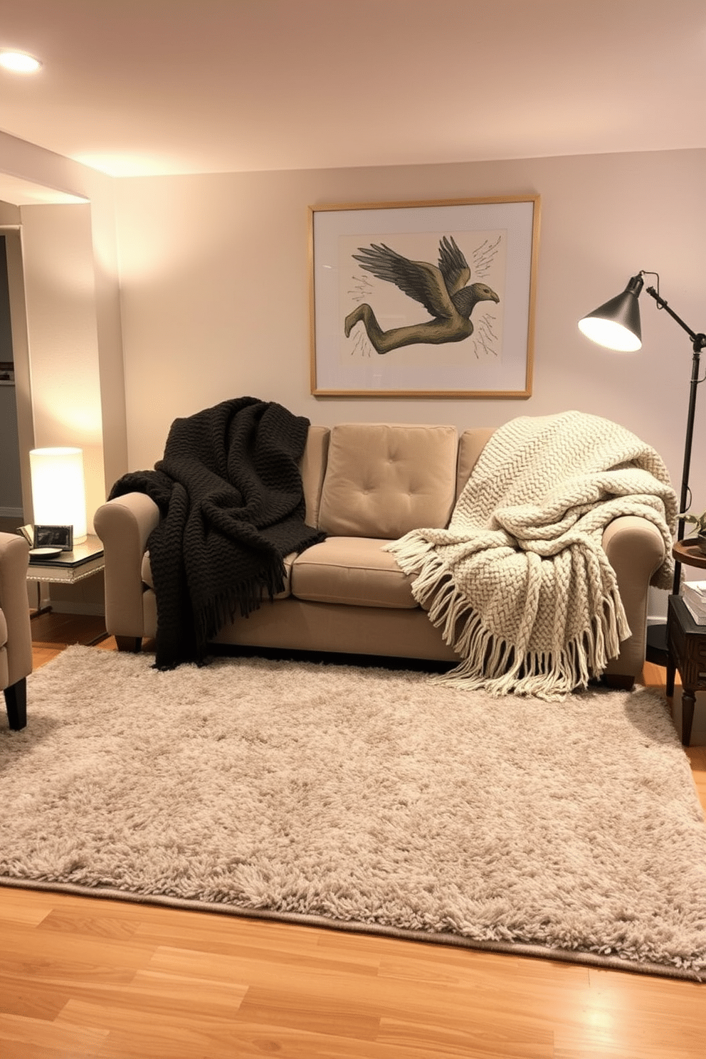 Cozy up with warm layered textiles in a winter basement setting. Soft knitted throws are draped over a plush sofa, inviting relaxation and comfort. A large area rug with rich textures anchors the space, adding warmth underfoot. Ambient lighting from stylish floor lamps creates a welcoming glow, perfect for chilly evenings.