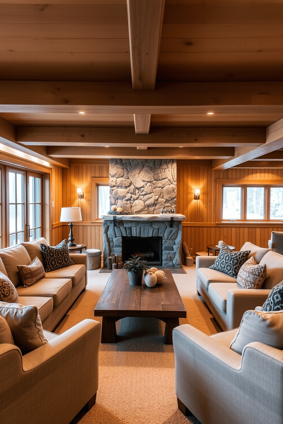 A cozy winter basement retreat featuring warm wooden beams across the ceiling and a rustic wooden coffee table at the center. Plush seating arrangements with soft fabrics create an inviting atmosphere, while a stone fireplace adds warmth and charm to the space. The walls are adorned with natural wood paneling, enhancing the earthy feel of the basement. Large windows allow natural light to filter in, showcasing the winter landscape outside and bringing a touch of nature indoors.