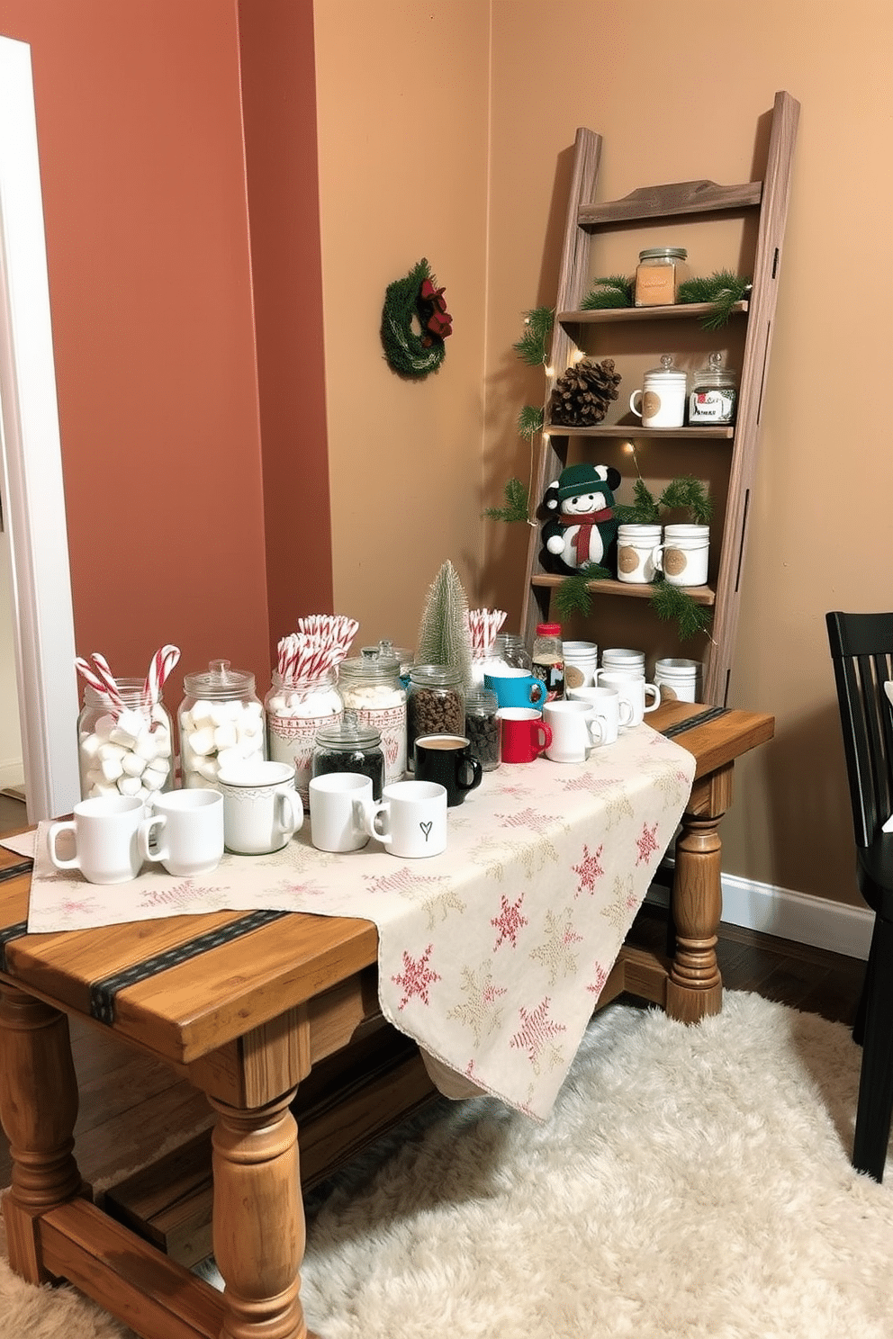 A cozy winter basement hot cocoa bar features a rustic wooden table adorned with a festive tablecloth. On the table, a variety of mugs in different sizes and colors are arranged alongside jars filled with marshmallows, chocolate shavings, and peppermint sticks. A vintage wooden ladder leans against the wall, displaying holiday-themed decorations and fairy lights. The walls are painted in warm earth tones, and a plush area rug adds comfort underfoot, inviting family and friends to gather around and enjoy a warm drink.