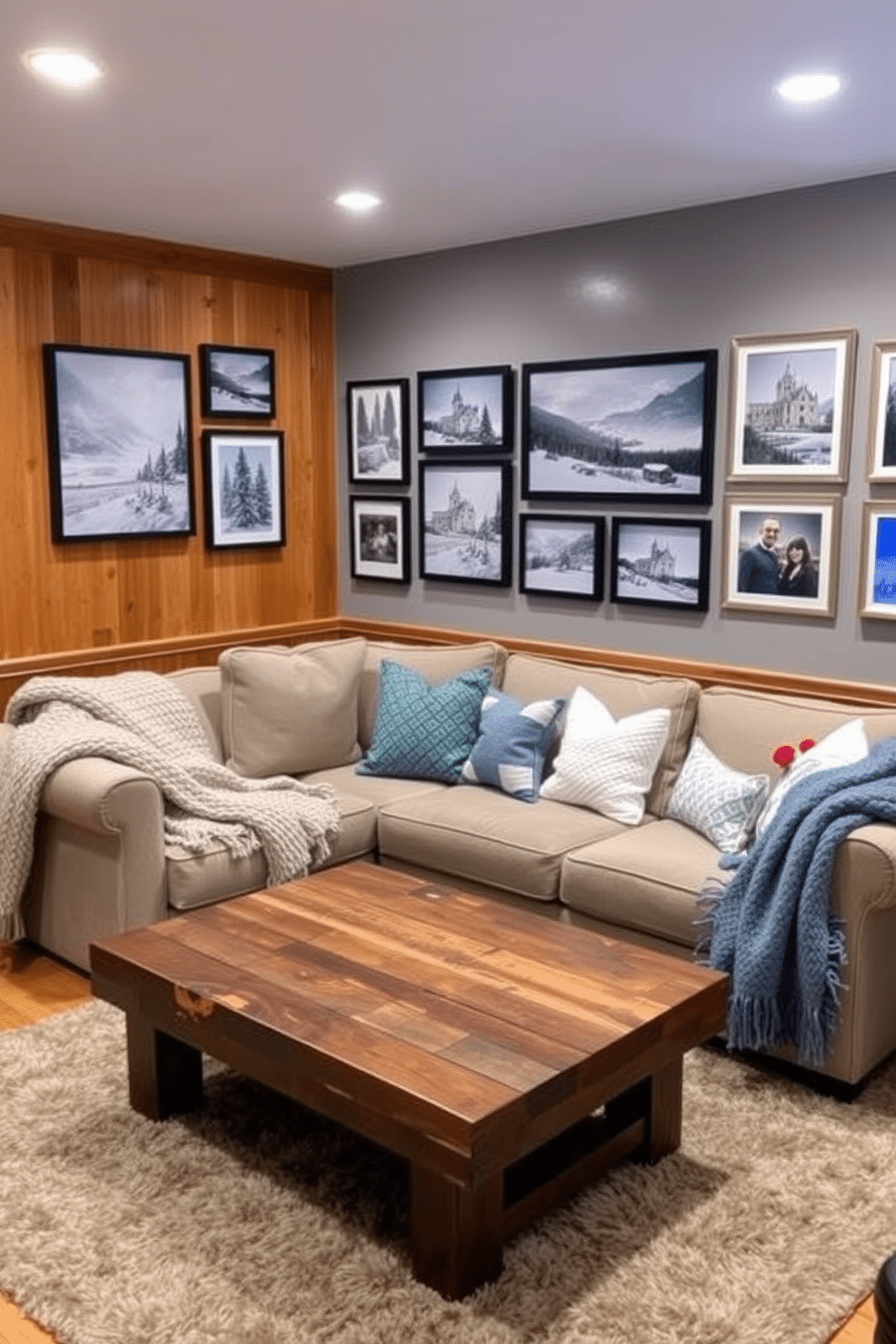 A cozy winter-themed basement featuring a gallery wall adorned with framed winter landscapes and family photos. The wall is painted in a soft gray, complementing the warm wood paneling and plush furnishings in the space. In the center, a large sectional sofa is draped with chunky knit blankets and accented with decorative pillows in cool blues and whites. A rustic coffee table made of reclaimed wood sits atop a thick area rug, creating a warm and inviting atmosphere.