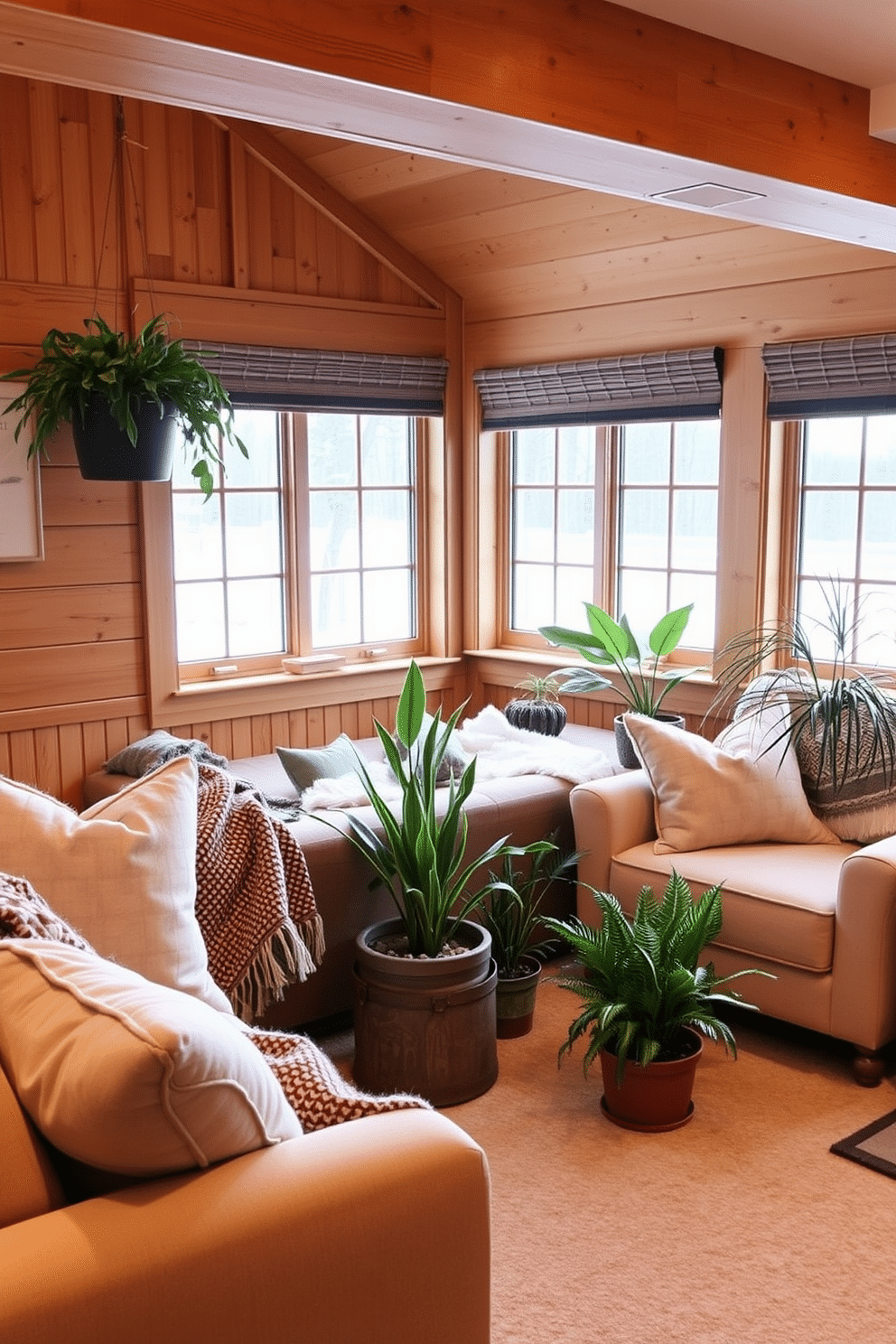 A cozy winter basement retreat featuring plush seating arrangements with soft blankets and pillows. Large windows allow natural light to filter in, complemented by strategically placed winter plants that add a touch of greenery. The walls are adorned with warm wood paneling, creating a rustic yet inviting atmosphere. A small indoor garden nook showcases potted winter plants, enhancing the overall comfort and charm of the space.