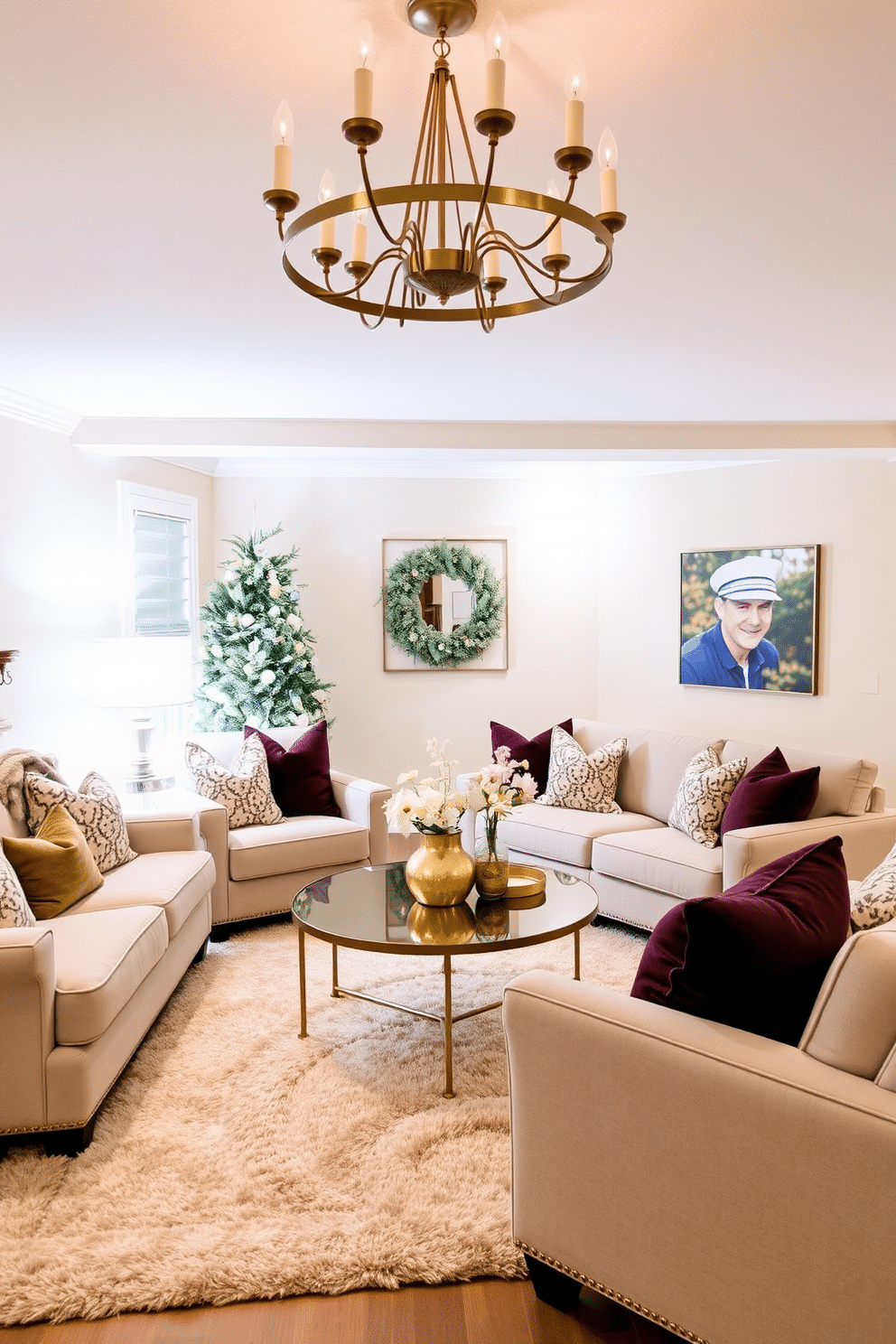 A cozy winter basement retreat featuring warm metallic accents throughout the space. The walls are painted in a soft beige, and plush seating is arranged around a modern coffee table with a gold finish. A large area rug adds warmth to the room, while a statement chandelier with bronze detailing hangs from the ceiling. Decorative throw pillows in rich jewel tones complement the overall decor, creating an inviting atmosphere perfect for winter gatherings.