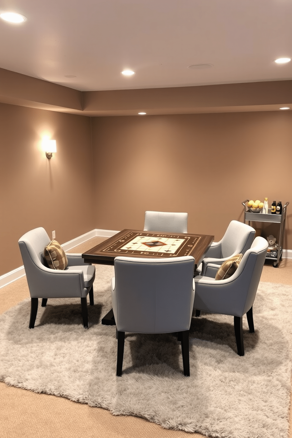 A cozy winter basement setting designed for family fun. The space features a large game table in the center, surrounded by comfortable chairs, perfect for board games and family gatherings. The walls are painted in a warm taupe color, complemented by soft ambient lighting. A plush area rug lies beneath the game table, adding warmth to the room, while a small bar cart in the corner offers snacks and drinks for everyone to enjoy.