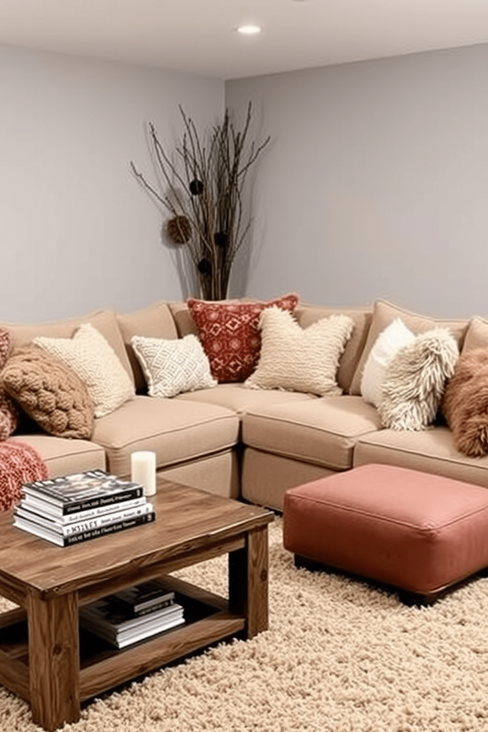 A cozy winter basement retreat featuring plush textured fabrics in warm tones. A large sectional sofa is adorned with an array of knitted and faux fur throw pillows, creating an inviting atmosphere. In the corner, a rustic wooden coffee table holds a stack of coffee table books and a decorative candle. The walls are painted in a soft gray, and a thick area rug adds warmth to the space, inviting relaxation during the chilly months.