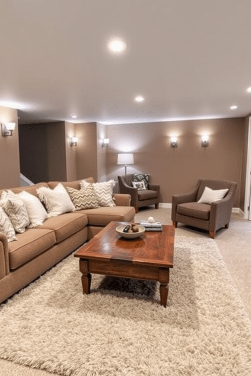 A cozy winter basement retreat. The space features a large sectional sofa adorned with soft throw pillows, complemented by a wooden coffee table in front. The walls are painted in a warm taupe color, creating an inviting atmosphere. A plush area rug lies underneath the coffee table, adding warmth and texture to the room. In one corner, a small reading nook is created with a comfortable armchair and a floor lamp. Soft ambient lighting from wall sconces enhances the cozy feel of the basement.