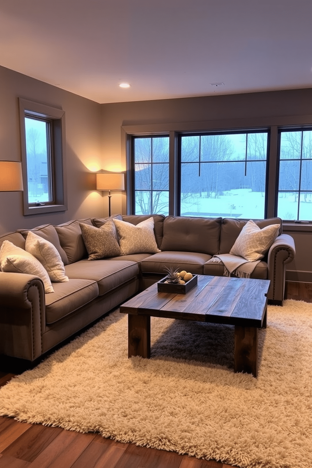 A cozy winter basement retreat featuring a plush sectional sofa adorned with soft, textured throw pillows. The walls are painted in a warm taupe, complemented by ambient lighting from stylish floor lamps, creating an inviting atmosphere. A rustic coffee table made of reclaimed wood sits in front of the sofa, surrounded by a plush area rug that adds warmth to the space. Large windows allow natural light to filter in, showcasing a view of snow-covered landscapes outside.