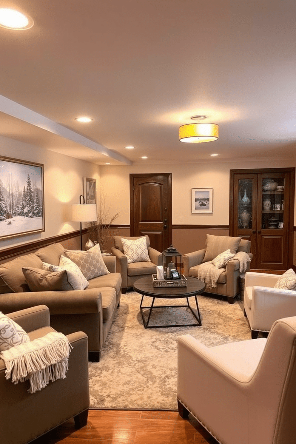 A cozy winter basement retreat featuring warm-toned lighting fixtures that create a welcoming atmosphere. The space is adorned with plush seating and soft throws, inviting relaxation during cold evenings. The walls are painted in a soft beige, complemented by rich wooden accents throughout. A large area rug adds warmth underfoot, while decorative elements like winter-themed artwork enhance the seasonal decor.