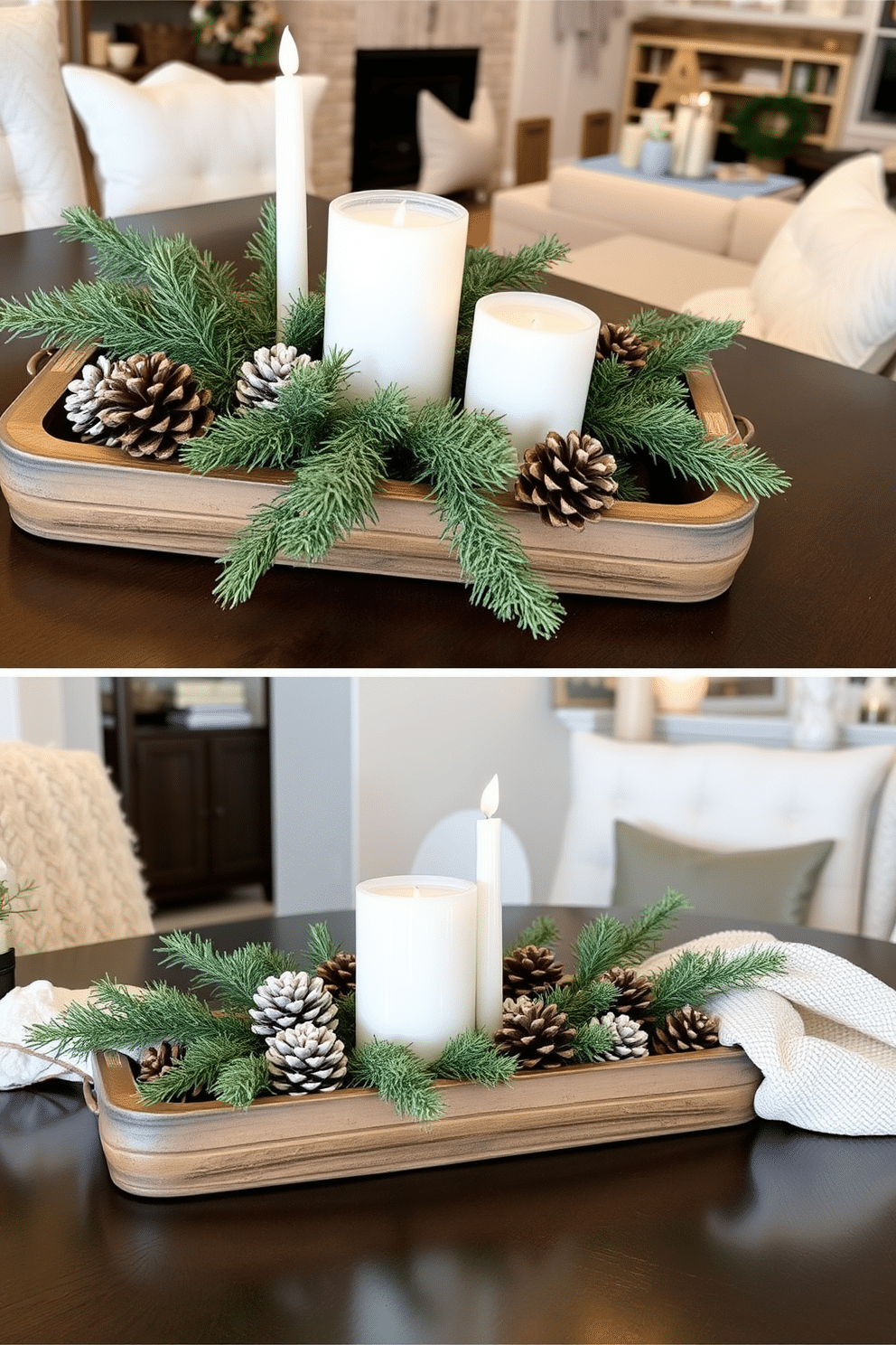 Create a cozy winter centerpiece for a dining table. Use natural elements like pinecones, evergreen branches, and white candles arranged in a rustic wooden tray. Design a warm and inviting basement space for winter gatherings. Incorporate plush seating, soft throw blankets, and ambient lighting to create a comfortable atmosphere.