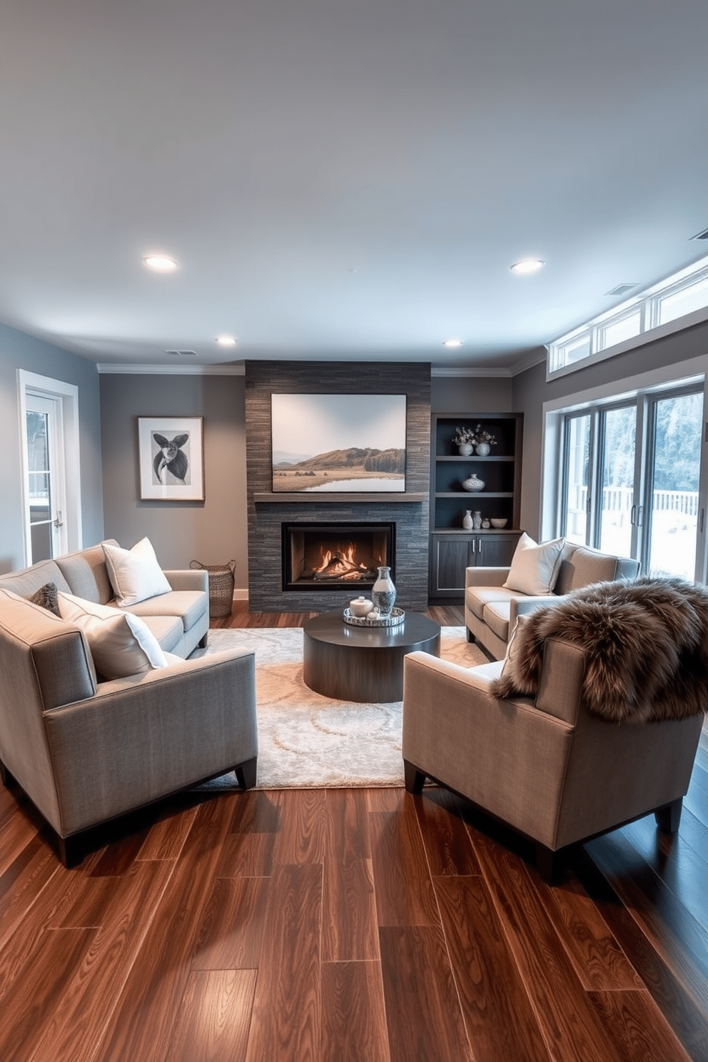 A cozy winter basement retreat with plush seating arranged around a modern fireplace. The walls are painted in a soft gray tone, and the floor is covered with a rich, dark wood that adds warmth. A large area rug in neutral tones anchors the space, while a faux fur throw is draped over one of the chairs to enhance the luxurious feel. Floor-to-ceiling windows allow natural light to flood in, creating an inviting atmosphere perfect for relaxation.