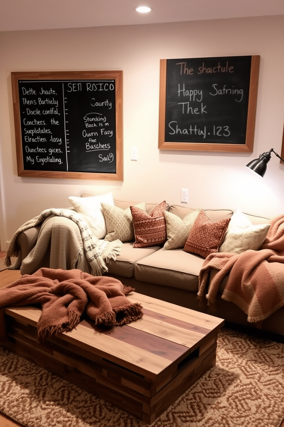 A cozy winter basement retreat featuring a large chalkboard mounted on the wall for messages and notes. The space is adorned with soft, layered textiles including a plush area rug and oversized throw blankets in warm tones. A comfortable seating area includes a sectional sofa with accent pillows and a rustic coffee table made from reclaimed wood. Ambient lighting from stylish floor lamps creates a warm and inviting atmosphere perfect for relaxation and gatherings.