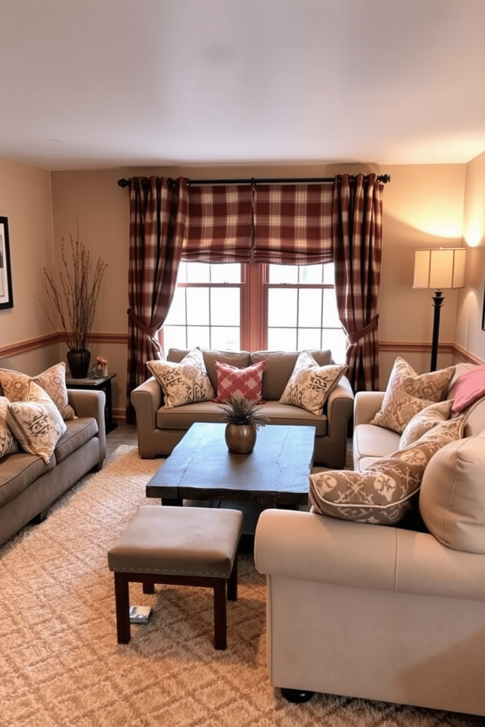 A cozy winter basement retreat featuring plush seating arranged around a rustic wooden coffee table. The walls are adorned with warm, neutral paint, and the floor is covered with a soft area rug to enhance comfort. Patterned curtains in rich, earthy tones frame the windows, adding warmth and texture to the space. Soft lighting fixtures create an inviting atmosphere, while decorative throw pillows in complementary colors accent the seating.