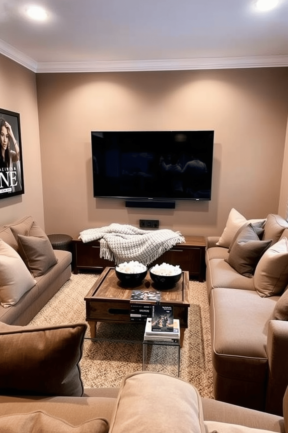 Create a cozy movie corner with oversized cushions and a plush throw blanket. A large sectional sofa is positioned facing a wall-mounted flat-screen TV, surrounded by soft ambient lighting. The walls are painted in a warm taupe color, creating an inviting atmosphere. A rustic wooden coffee table sits in front of the sofa, adorned with popcorn bowls and a stack of favorite movies.