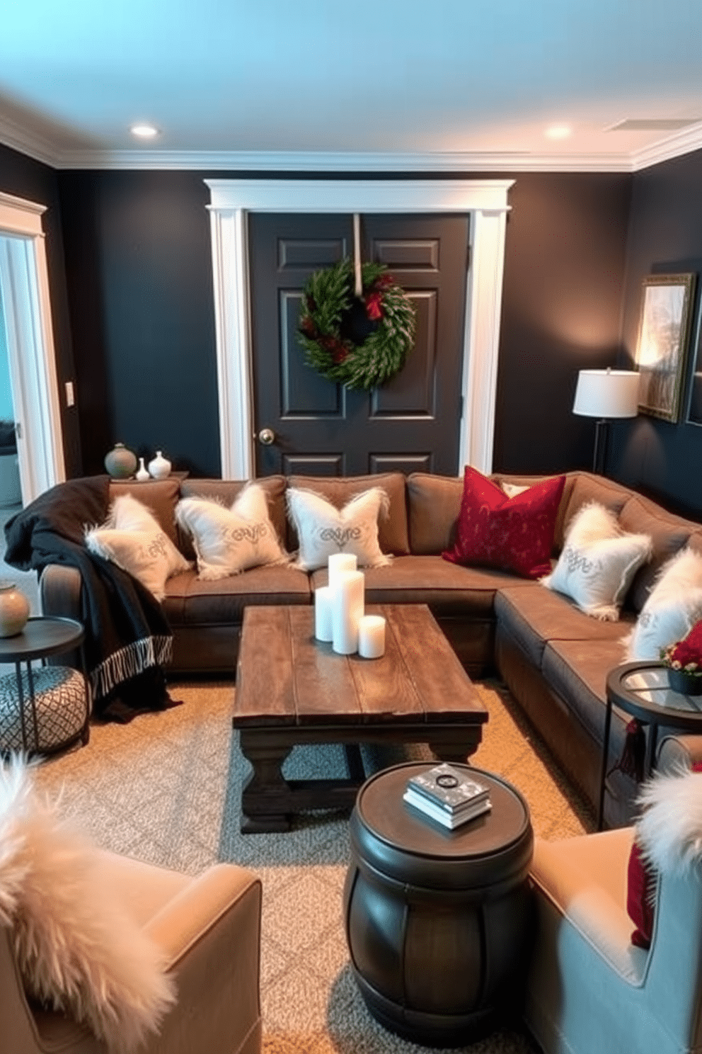 A cozy winter basement retreat. Soft, warm lighting illuminates a plush sectional sofa adorned with fluffy throw blankets and decorative pillows in rich jewel tones. A rustic wooden coffee table sits in the center, surrounded by a collection of stylish side tables. The walls are painted in a deep navy hue, complemented by white trim and a seasonal wreath hung on the door.